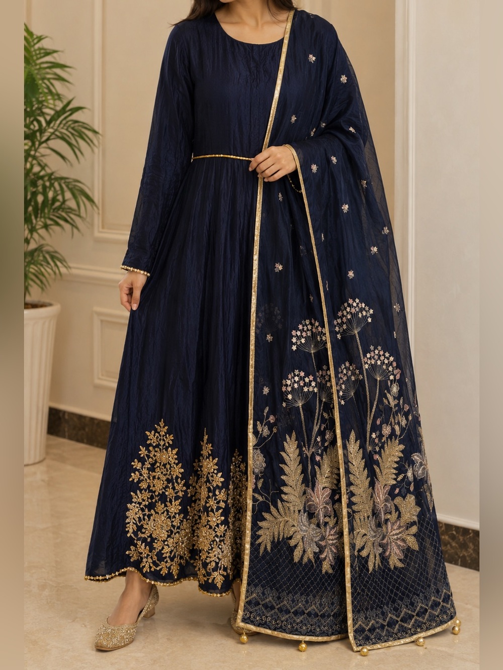 Navy Blue Velvet Dress with Gold Embroidery with velvet shawl